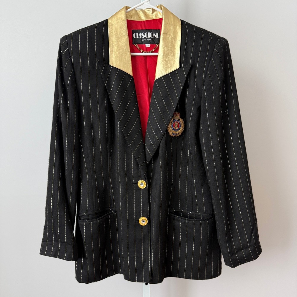 Criscione New York sz L VTG Blazer‎ Black Gold Metallic Pinstripe Crest 90s Y2k
